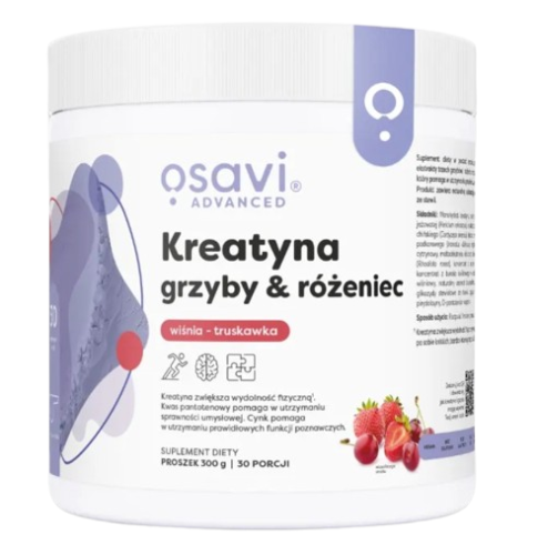 Przejdź do produktu OSAVI Kreatyna, grzyby & różeniec, smak wiśnia z truskawką (300 g)