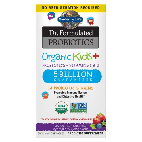 Przejdź do produktu GARDEN OF LIFE Organic Kids + Probiotics + Vitamins C & D - smak jagodowo-wiśniowy (30 tabl.)